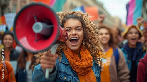 Women raise their voices with a megaphone at a strike, demanding an end to racism and joblessness. photo