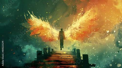 A man appears to be taking flight from a weathered pier, with wings of fire extending majestically behind him in a symbolic act of freedom or transformation, Digital art style, illustration painting.