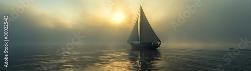 A high, narrow view of a sailboats silhouette in the fog 8K , high-resolution, ultra HD,up32K HD photo
