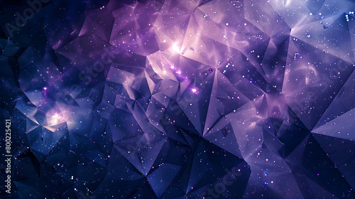 A high-definition photograph of an abstract design featuring intricate layers of triangles and hexagons in a palette of deep blues and purples, evoking a star-filled night sky