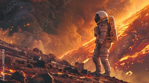 An astronaut in a space suit stands on a rocky terrain  gazing at a dramatic lava flow under a turbulent ash-cloud sky on an alien planet.