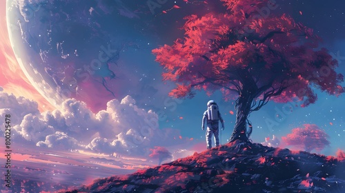 An astronaut in a reflective suit stands beneath the sprawling branches of a crimson tree on an alien world, with a celestial vista in the background, Digital art style, illustration painting. #800225478