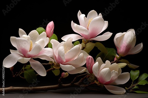 Blooming white and pink close-up flowers of magnolia on a branch with young leaves  growing in spring park or botanical garden  with blurred dark green background