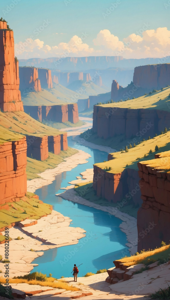 Minimalistic flat canyon landscape with steep cliffs and winding rivers.