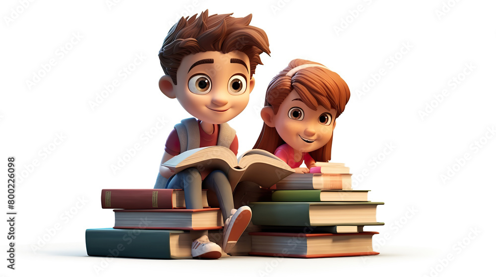 A boy and girl are solitary over a stack of books, reading books. The background is all white. A boy and girl are solitary over a stack of books, reading books. The background is all white.