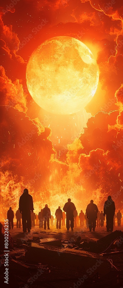 An abstract fictional graphic showing silhouettes of a group of people against the backdrop of a nuclear explosion on the horizon, symbolizing the threat of destruction and apocalypse