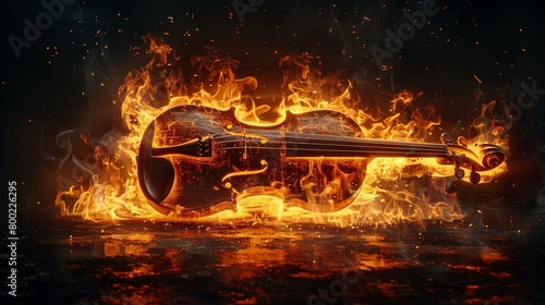 An album cover with a burning violin on a dark background, representing the concept of hot classical music with melody and rhythm 8K , high-resolution, ultra HD,up32K HD photo