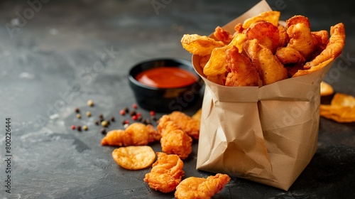 Close up of nuggets, fried chicken fillet in paper packaging on dark background photo
