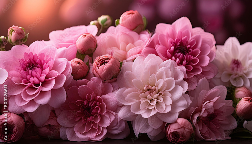 Close-up of a vibrant bouquet of pink dahlia flowers in full bloom. Ideal for  weddings, spring themes, and  floral arrangements.