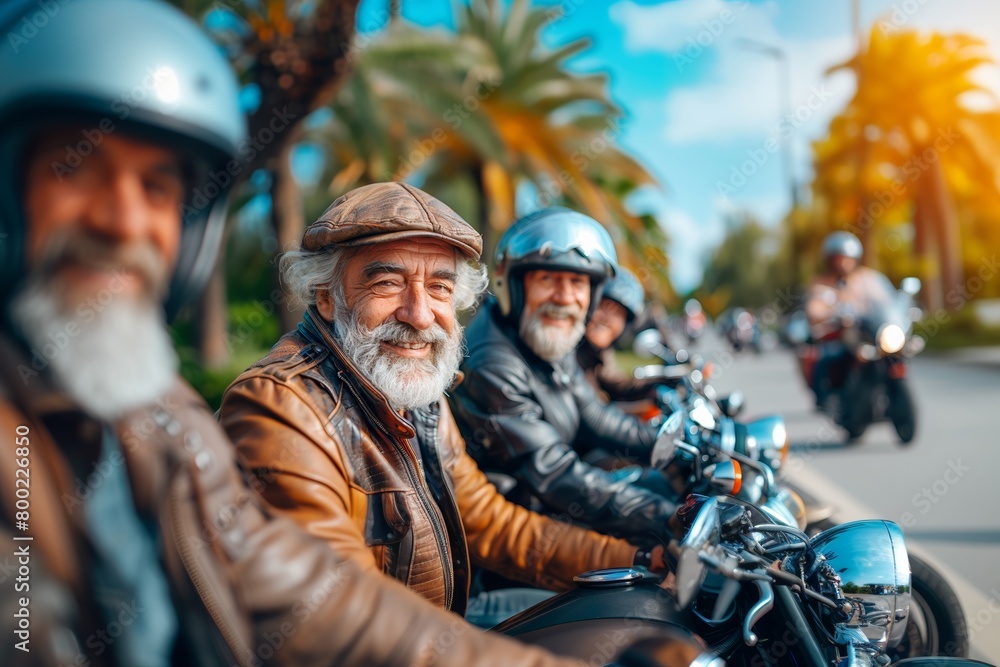 A group of senior friends bonds over a motorcycle adventure, enjoying freedom and happiness together