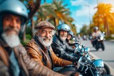 A group of senior friends bonds over a motorcycle adventure, enjoying freedom and happiness together