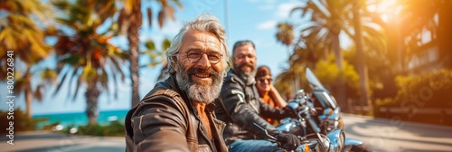 A group of senior friends enjoys the freedom of the road, bonding over their motorcycle adventures © Andrii Zastrozhnov