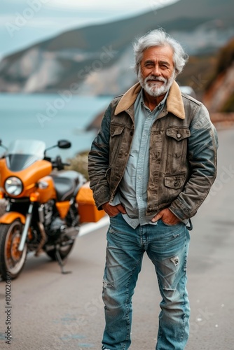 A confident adult man exudes the essence of a seasoned biker with his motorcycle, embodying freedom and adventure