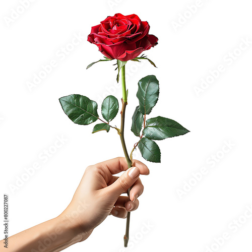 Hand holding red rose on isolated transparent background photo