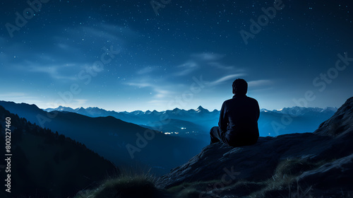 The man sits on the edge of the mountain and looks at the vast mountains under the starry sky