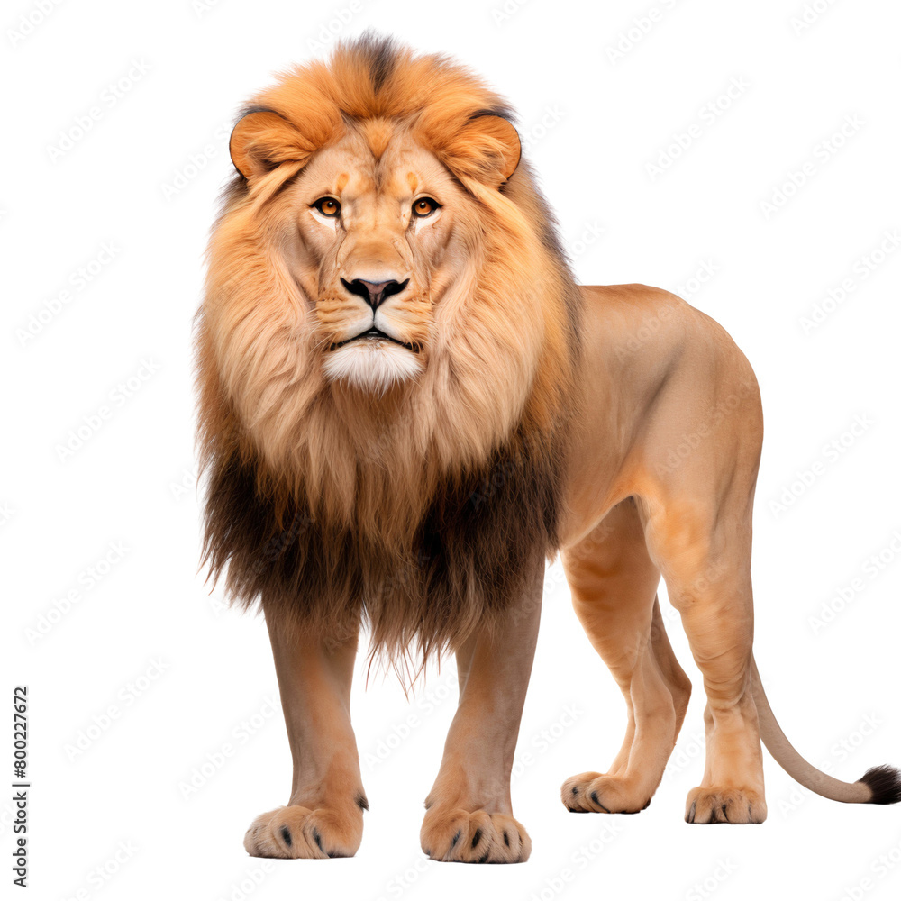 Portrait of a male adult lion, Panthera Leo standing full body, isolated on transparent background