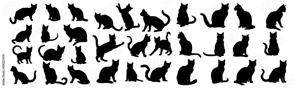 Set of Cat silhouettes in black, isolated 