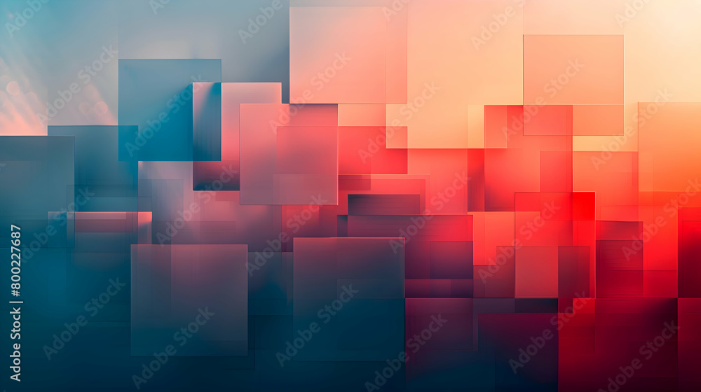A high-quality photographic representation of a geometric arrangement with squares and rectangles, featuring a gradient transition from twilight blues to fiery sunset red A high-quality photographic representation of a geometric arrangement with squares and rectangles, featuring a gradient transition from twilight blues to fiery sunset red