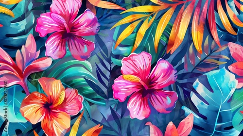 Tropical flowers pattern, watercolor style, bright and bold hues, closeup perspective