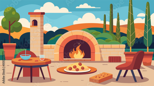 A Mediterraneaninspired patio with a stone pizza oven and comfortable seating allowing for sophisticated outdoor gatherings with woodfired pizzas and.