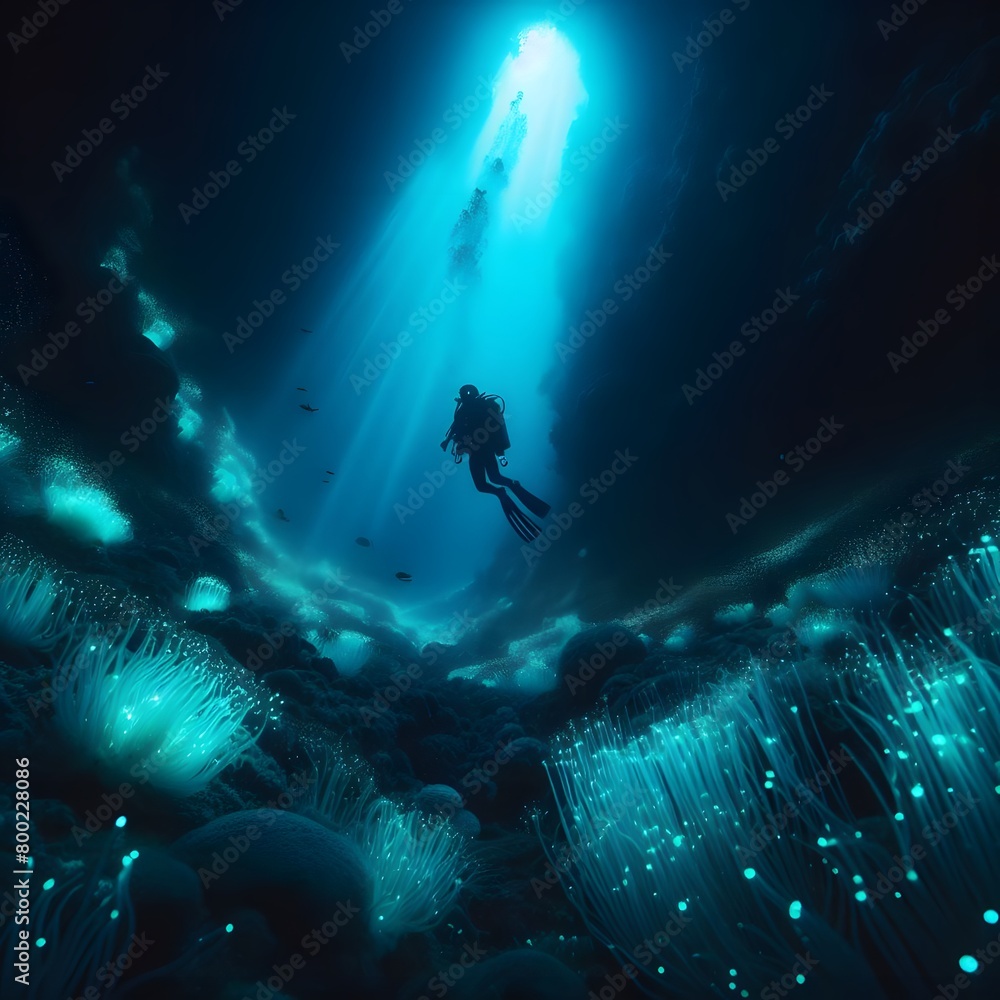 Scuba diving in dark cave with glowing lights. 3D rendering generated by ai
