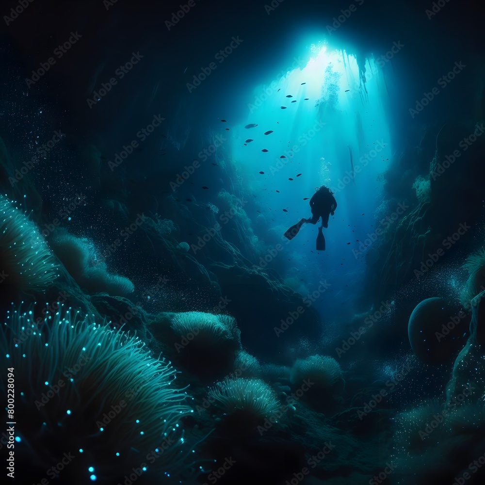 Fototapeta premium Scuba diving in dark cave with glowing lights. 3D rendering generated by ai