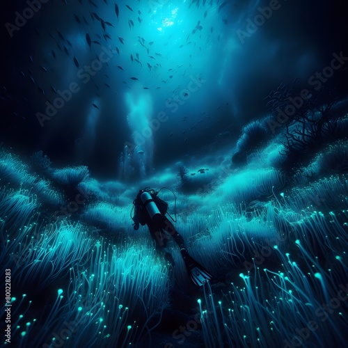 Scuba diving in dark cave with glowing lights. 3D rendering generated by ai