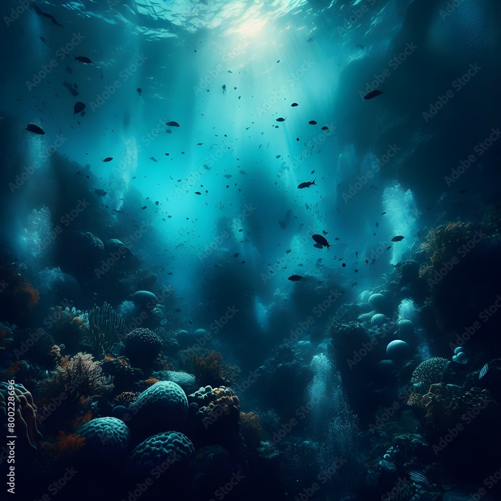 Underwater scene with fish, corals and rays of light generated by ai