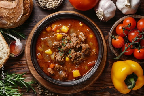 Delicious Hungarian goulash soup in close up with ingredients on table top view