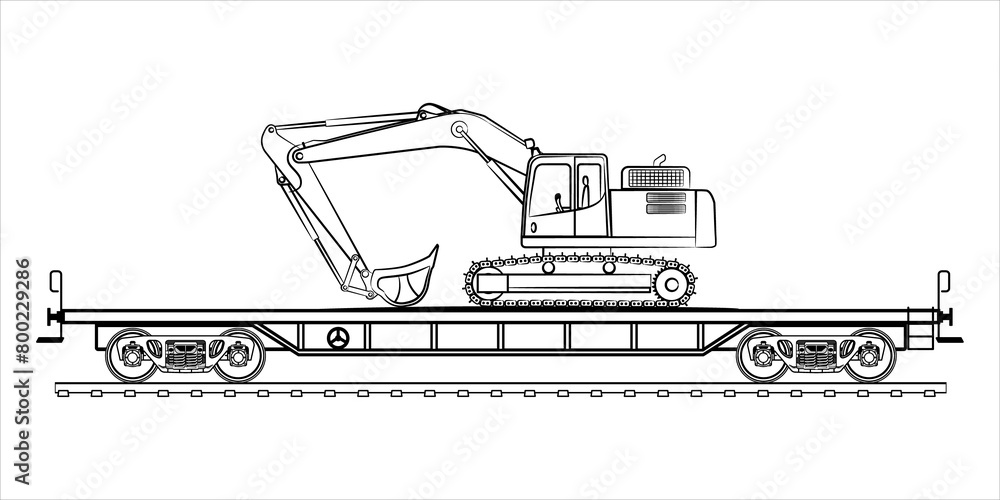 Railroad cargo flat wagon - outline vector illustration. High detailed flat car railway wagon on white background. Excavator on a transport cargo wagon. Excavator crawler transported by rail. 