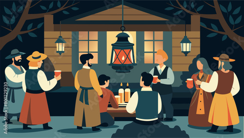 The historic lantern tour stops at an old tavern where costumed reenactors share stories and sing patriotic songs by the warm glow of traditional. Vector illustration