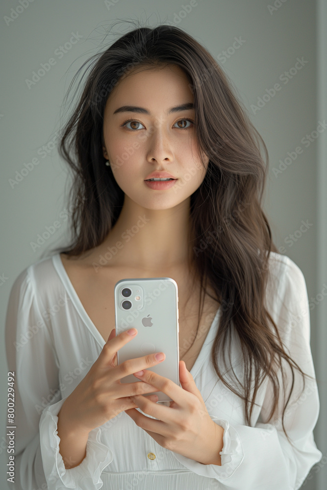 A beautiful Japanese woman has a smartphone in her hand A beautiful Japanese woman has a smartphone in her hand