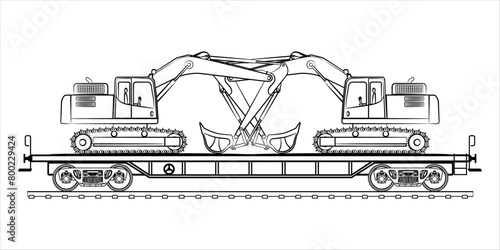 Railroad cargo flat wagon - outline vector illustration. High detailed flat car railway wagon on white background. Excavators on a transport cargo wagon. Excavator crawler transported by rail. 