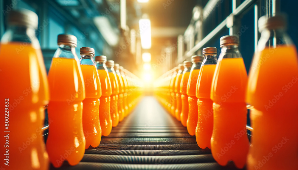 Fototapeta premium Factory producing bottled orange juice on conveyor belt