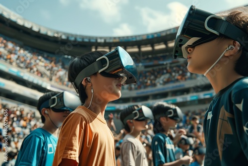 A group of children, wearing casual attire, stand on the sidelines of a football stadium, fully engaged in a virtual reality experience.  photo
