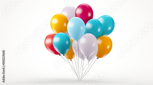 Colourful helium balloons isolated against a stark white background
