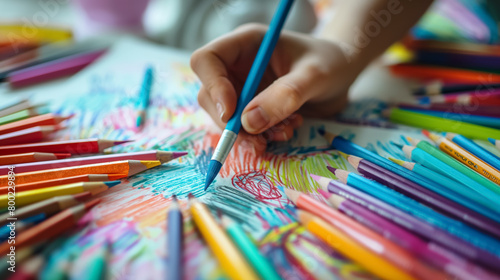 Close-up of a child's hand drawing on paper with a vibrant selection of colored pencils, fostering creativity.