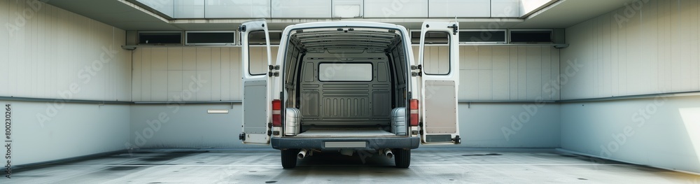 Open trunk of a cargo transportation van in a hangar. Banner for advertising cargo transportation in a minibus. Lots of free space for text Open trunk of a cargo transportation van in a hangar. Banner for advertising cargo transportation in a minibus. Lots of free space for text