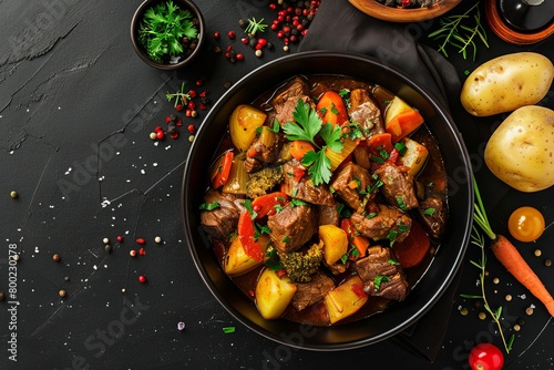 European style beef stew with vegetables and potatoes in a bowl for winter dinner on a black background