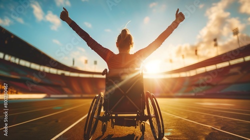 Young woman in a wheelchair on the running track at the stadium