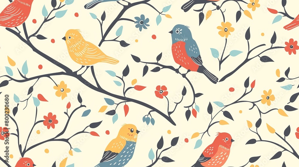 Fototapeta premium spring birds with flower and tree refreshing positive feeling, seamless pattern nursery design cartoon style illustration with grungy texture, Generative Ai