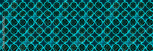 Marrakesh Pattern. Morrocan Majolica Design. Arabic Seamless Background. Cyan Blue on Black Vintage Arabesque. Moorish Trellis. Geometric Turkish Quatrefoil. Eastern Ogee Lattice. Damask Tile.