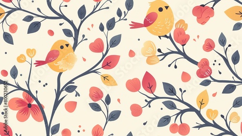 spring birds with flower and tree refreshing positive feeling, seamless pattern  nursery design cartoon style illustration with grungy texture, Generative Ai