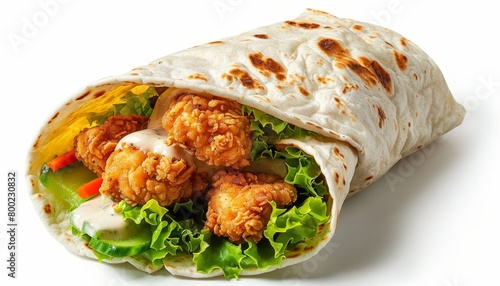 Fast food Fried chicken and vegetable wrap on white background