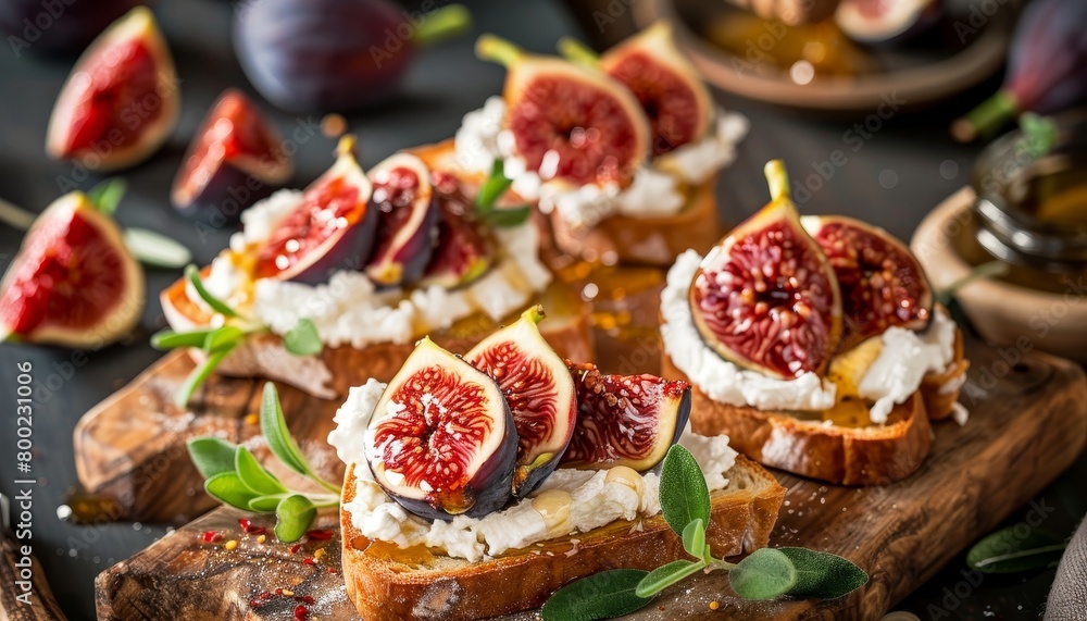 Figgy toasts with ricotta honey and fig marmalade on a wooden board Figgy toasts with ricotta honey and fig marmalade on a wooden board