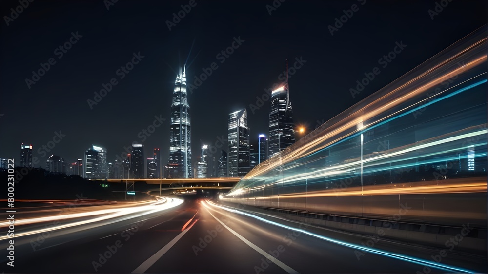 Fototapeta premium Wall Art Print, Sci-Fi Book Cover Design, Video Game Concept Art - Futuristic High-Speed Blurred Light Tail at Night City