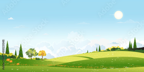 Spring field landscape with cloud and sky blue over forest trres,Vector cartoon scene rural nature park in sunny day summer,Beautiful farmland in countryside for Easter banner background