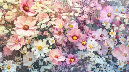 Assorted wildflowers in watercolor, soft pastel palette, densely packed, topdown angle