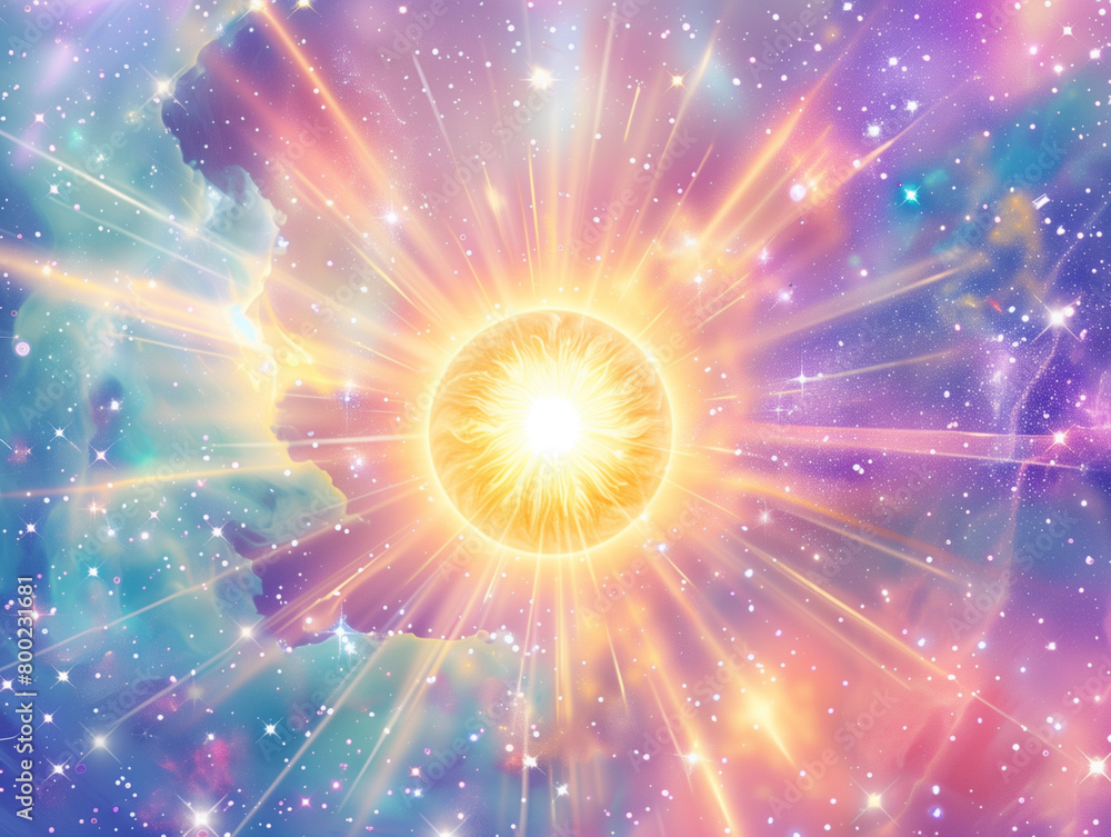 Celestial Harmony: Radiant Burst from Central Sun of universe with shining stars Celestial Harmony: Radiant Burst from Central Sun of universe with shining stars