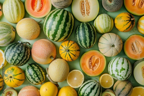 Flat lay of various fresh melons some sliced from a top view photo